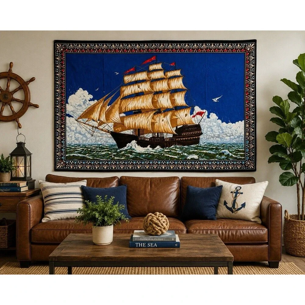Vintage Turkish Sailing Ship Velour Wall Tapestry 100% Cotton 57x38 Nautical
